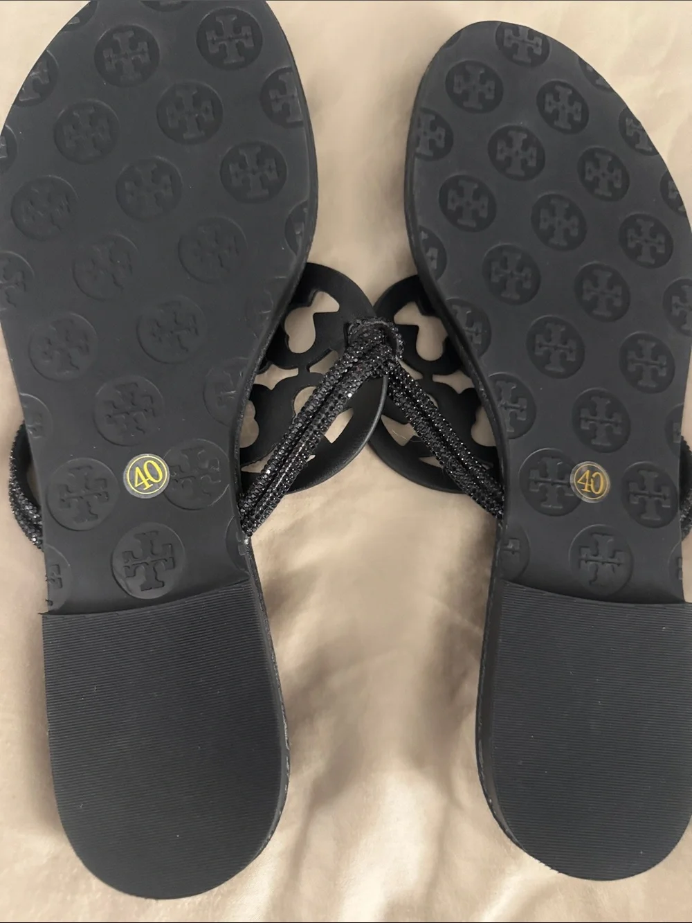 Tory Burch Black Logo Cutout Crystal-Trim Leather Sandals